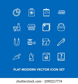 Modern, simple vector icon set on blue background with trash, waste, education, rubbish, science, book, garbage, box, hand, buy, chart, magnetic, transportation, sale, chessboard, field, fashion icons
