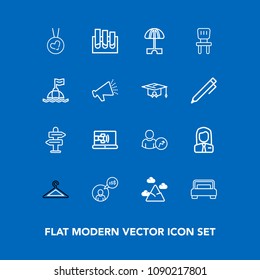Modern, simple vector icon set on blue background with direction, analysis, freelance, umbrella, furniture, mountain, internet, arrow, sky, bed, blue, shop, landscape, bedroom, business, online icons