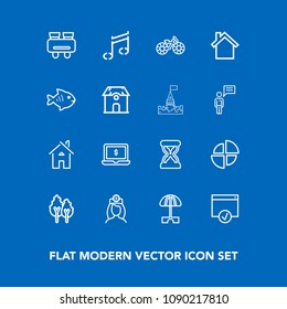 Modern, simple vector icon set on blue background with vision, bike, nurse, home, clock, computer, sun, hour, building, technology, pie, summer, house, landscape, music, laptop, healthcare, spy icons