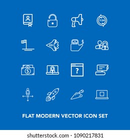 Modern, simple vector icon set on blue background with direction, help, view, support, unknown, space, megaphone, address, science, construction, web, travel, video, road, loudspeaker, speaker icons