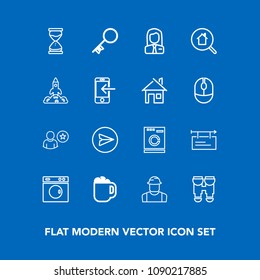 Modern, simple vector icon set on blue background with communication, appliance, view, housework, security, people, key, mug, builder, coffee, drink, laundry, cafe, door, profile, cup, washer icons