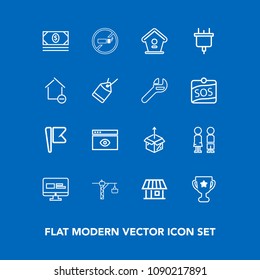 Modern, simple vector icon set on blue background with website, achievement, internet, first, people, cigarette, flag, computer, home, window, birdhouse, money, browser, saw, hammer, tobacco, no icons