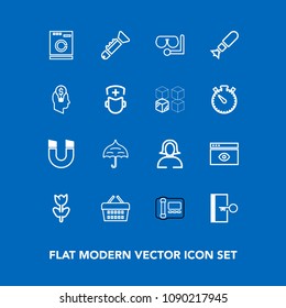 Modern, simple vector icon set on blue background with girl, jazz, trumpet, lady, washer, phone, field, young, musical, basket, protection, umbrella, door, browser, window, escape, appliance icons