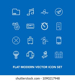 Modern, simple vector icon set on blue background with surfer, sky, microphone, time, schedule, extreme, suitcase, trip, parachuting, timetable, cell, surfing, travel, beauty, paper, music, call icons