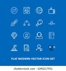 Modern, simple vector icon set on blue background with globe, web, account, service, document, sign, electric, business, boy, water, team, man, technology, female, life, computer, support, help icons