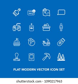 Modern, simple vector icon set on blue background with location, construction, storage, sandwich, business, pin, scale, tomato, white, envelope, paint, sea, brush, fahrenheit, sack, military icons