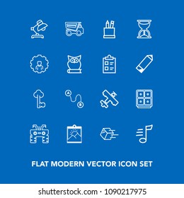 Modern, simple vector icon set on blue background with music, lock, position, vehicle, bank, lamp, point, box, metal, plane, travel, shipping, atv, dirt, extreme, key, blank, home, safe, finance icons