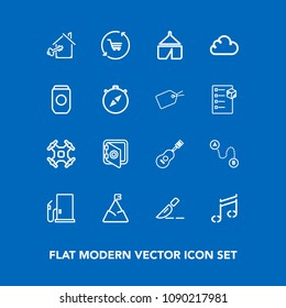 Modern, simple vector icon set on blue background with sound, key, property, destination, guitar, surgery, estate, tent, aerial, technology, music, petrol, travel, position, cart, musical, gas icons