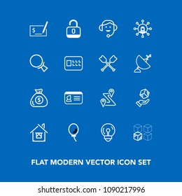 Modern, simple vector icon set on blue background with sign, replacement, financial, name, road, money, balloon, identification, finance, house, cardboard, building, map, identity, cargo, pen icons