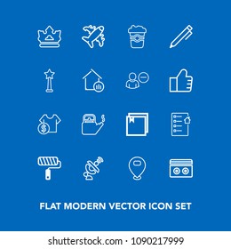 Modern, simple vector icon set on blue background with royal, file, roller, roll, sound, tape, space, music, kitchen, global, queen, flight, steam, sale, document, plane, web, kettle, coffee icons