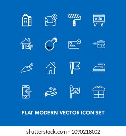 Modern, simple vector icon set on blue background with technology, decoration, mobile, flag, ironing, present, housework, holiday, iron, chart, finance, brush, hand, nation, building, transfer icons
