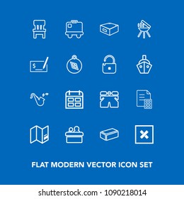 Modern, simple vector icon set on blue background with comfortable, airport, money, meeting, sign, speaker, time, schedule, map, template, world, drawer, luggage, trumpet, material, bag, day icons