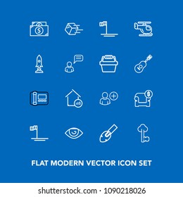 Modern, simple vector icon set on blue background with furniture, stationary, sign, cash, eye, vintage, transport, shipping, phone, couch, mexico, business, body, currency, beach, lock, interior icons