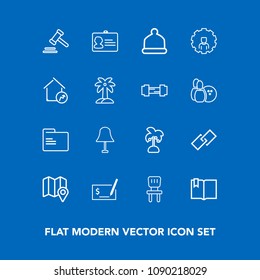 Modern, simple vector icon set on blue background with fashion, light, pay, justice, tropical, map, click, lawyer, web, document, home, blank, summer, cap, pin, paper, interior, name, chair, id icons