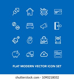 Modern, simple vector icon set on blue background with oven, cooking, cloud, transportation, food, cassette, service, animal, equipment, bird, finance, background, bank, estate, home, holiday,  icons