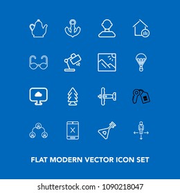 Modern, simple vector icon set on blue background with structure, environment, landscape, music, hot, coaxial, company, sign, sea, place, nautical, connection, key, cloud, airplane, business icons