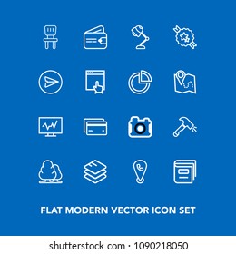 Modern, simple vector icon set on blue background with card, comfortable, photography, debit, information, construction, location, wallet, purse, chair, lamp, phone, finance, cash, light, nature icons