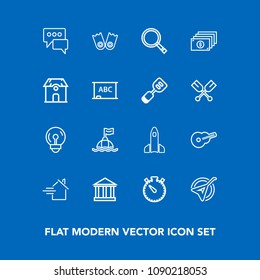 Modern, simple vector icon set on blue background with guitar, money, instrument, water, launch, shuttle, property, message, music, sign, speech, greek, safety, europe, chat, rent, musical, sky icons
