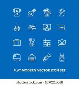 Modern, simple vector icon set on blue background with award, trumpet, sale, door, achievement, luggage, bugle, wear, shop, royal, store, sound, dont, note, place, instrument, jazz, hanger, fork icons