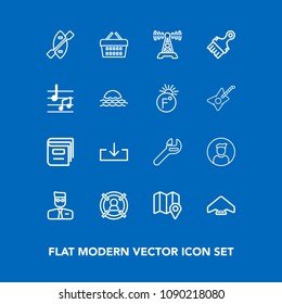 Modern, simple vector icon set on blue background with map, paddle, marketing, repair, profile, account, sale, business, book, web, , male, download, concept, sky, target, customer, library, oar icons