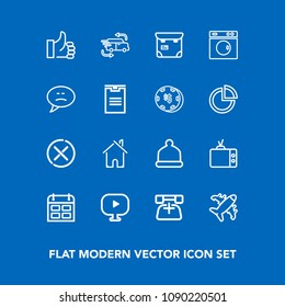 Modern, simple vector icon set on blue background with communication, up, aircraft, time, house, car, business, transportation, call, person, technology, professional, success, fashion, machine icons