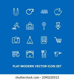 Modern, simple vector icon set on blue background with fashion, camera, photo, shorts, science, dumper, magnetic, kitchen, retail, truck, trolley, lens, tipper, adventure, hand, whistle, web icons