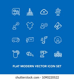 Modern, simple vector icon set on blue background with falling, star, bus, delivery, warehouse, glass, highway, music, profile, equipment, tune, boat, musical, industrial, yacht, quality, sound icons