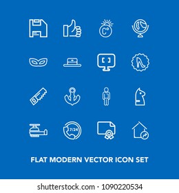 Modern, simple vector icon set on blue background with fahrenheit, ship, increase, scale, success, temperature, award, boy, saw, sea, hand, house, male, transportation, good, frame, diploma, up icons