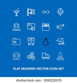 Modern, simple vector icon set on blue background with fun, food, cocktail, dolphin, folder, roller, office, animal, ocean, vision, glasses, flag, beautiful, up, leisure, summer, ventilator, air icons