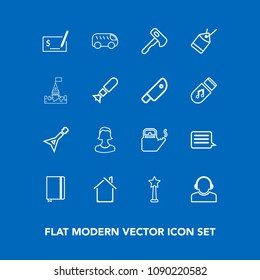 Modern, simple vector icon set on blue background with architecture, guitar, service, success, kettle, steam, sign, book, paper, musical, medal, house, pen, business, construction, axe, move icons