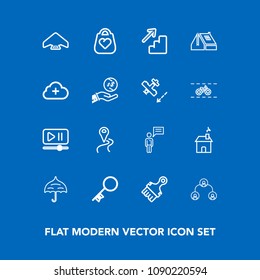 Modern, simple vector icon set on blue background with roof, location, open, down, business, building, rain, communication, leather, sky, security, object, parachute, people, white, up, door,  icons
