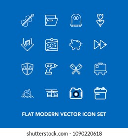Modern, simple vector icon set on blue background with hand, nature, train, oar, musical, work, music, sound, luggage, box, photographer, airport, paper, dolphin, wildlife, photography, protect icons
