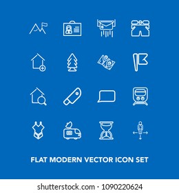 Modern, simple vector icon set on blue background with direction, white, swimsuit, meat, bikini, travel, internet, antenna, van, satellite, profile, mail, place, summer, sand, speech, home, food icons