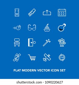 Modern, simple vector icon set on blue background with saw, aircraft, flight, drink, wand, cooler, doorknob, boat, cart, white, construction, sign, service, hanger, container, room, comfortable icons