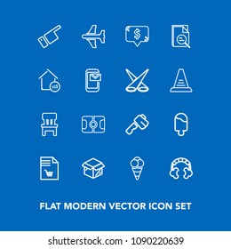 Modern, simple vector icon set on blue background with sport, axe, interior, pitch, screwdriver, list, sweet, people, home, price, chair, music, finger, plane, showing, box, food, dessert, audio icons