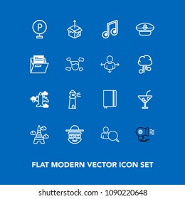 Modern, simple vector icon set on blue background with summer, account, airplane, aircraft, ocean, urban, travel, book, road, web, box, vehicle, drink, juice, light, new, tower, internet, white icons