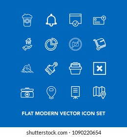 Modern, simple vector icon set on blue background with aid, finance, estate, coffee, nature, money, store, cafe, basket, box, alarm, people, dolphin, cash, emergency, property, page, map, drink icons