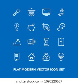 Modern, simple vector icon set on blue background with home, cabinet, nature, business, happy, meeting, telescope, estate, parachuting, monitor, speaker, mountain, announcement, furniture, sky icons