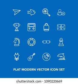 Modern, simple vector icon set on blue background with dolphin, glasses, magnifying, horse, seafood, summer, sunglasses, internet, search, animal, send, find, fashion, chess, music, concert, sun icons