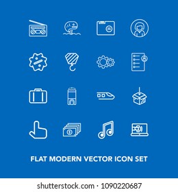 Modern, simple vector icon set on blue background with lady, girl, railway, baggage, seafood, travel, package, finance, radio, web, train, room, face, transport, call, transportation, pointer icons