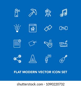 Modern, simple vector icon set on blue background with picking, chat, crane, concert, vintage, concept, sea, barbecue, web, person, travel, equipment, communication, tobacco, social, light, tag icons