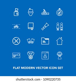 Modern, simple vector icon set on blue background with blank, no, purse, tape, estate, prize, audio, underwater, business, paper, flipper, travel, bathroom, success, building, file, office, win icons
