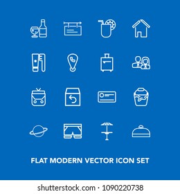 Modern, simple vector icon set on blue background with banner, box, suitcase, order, poster, shorts, sign, handle, astronomy, container, leather, juice, wine, clean, style, finance, luggage, bag icons