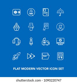 Modern, simple vector icon set on blue background with male, open, button, unlock, launch, office, player, suit, wallet, setting, paper, computer, music, file, shuttle, folder, business, fashion icons
