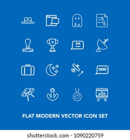 Modern, simple vector icon set on blue background with fashion, paper, business, travel, cap, halloween, luggage, space, message, aircraft, template, internet, plane, ship, speech, baggage, fear icons