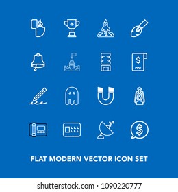 Modern, simple vector icon set on blue background with phone, bank, horror, kerosene, pen, fear, office, safety, championship, dish, competition, halloween, stationary, write, winner, flame, cup icons