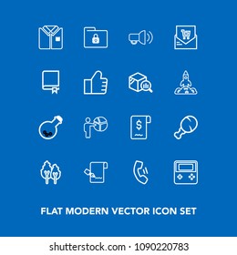 Modern, simple vector icon set on blue background with medicine, laboratory, chicken, technology, fashion, snack, presentation, telephone, sale, safety, meeting, people, security, tree, button icons