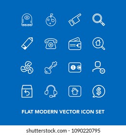 Modern, simple vector icon set on blue background with building, money, technology, shipping, estate, wallet, order, cartoon, cool, old, finance, label, tag, call, support, microphone, electric icons