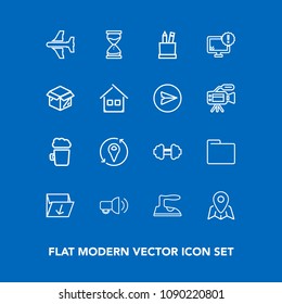 Modern, simple vector icon set on blue background with stationery, blank, ironing, flight, iron, file, garbage, alcohol, box, airplane, gym, pin, hour, drink, housework, education, paper, clock icons