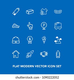 Modern, simple vector icon set on blue background with house, achievement, architecture, food, sound, building, space, science, loud, home, hat, speaker, tree, mountain, estate, rocket, sweet icons